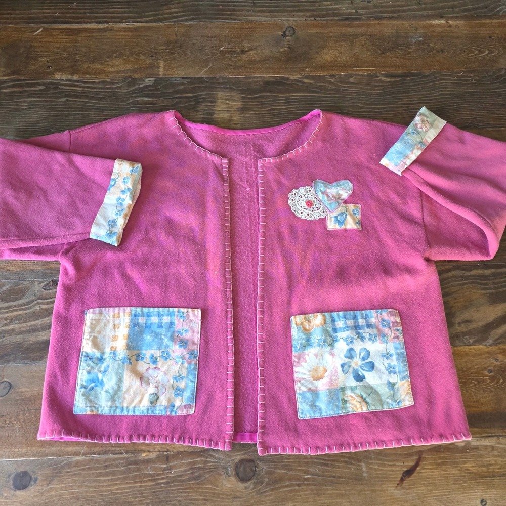 Handmade Pink Fleece Cardigan Jacket Applique‎ Pockets Women's Xl / 2xl